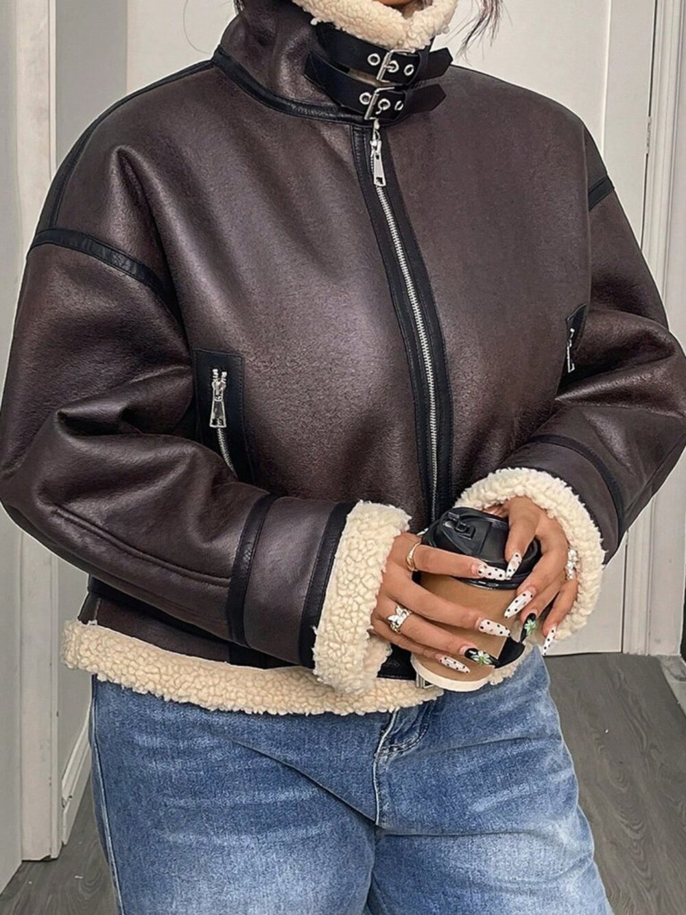 Brown Casual Women's Faux Lamb Fur Faux Leather Short Jacket - Picture 3 of 6
